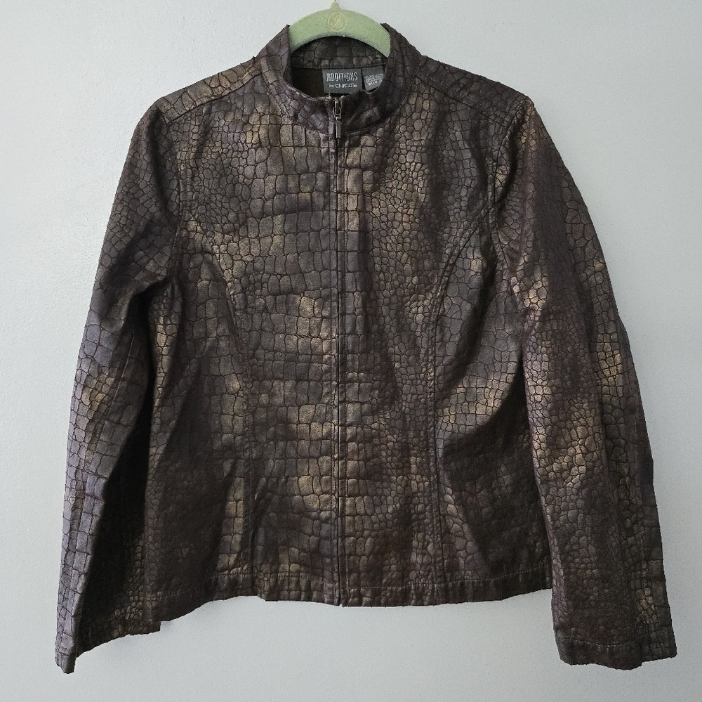 Chico's Women Jacket Sz 0 Small Brown Alligator Print Full Zip Pockets Casual